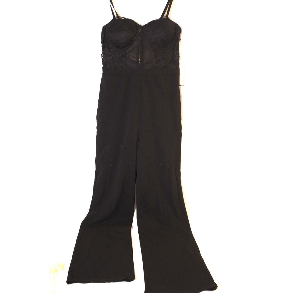 NWT Blashe Women LG Black Lace Sheer Bustier Corset Wide Leg Party Pant Jumpsuit